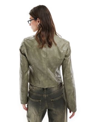 Reclaimed Vintage 90s leather look moto jacket in sage