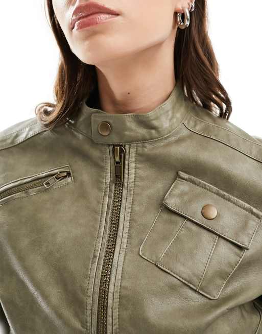 Reclaimed Vintage 90s leather look moto jacket in sage | ASOS