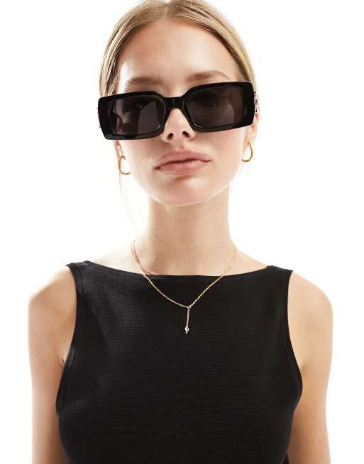 Reclaimed Vintage 90s rectangle sunglasses in black, 2 of 4