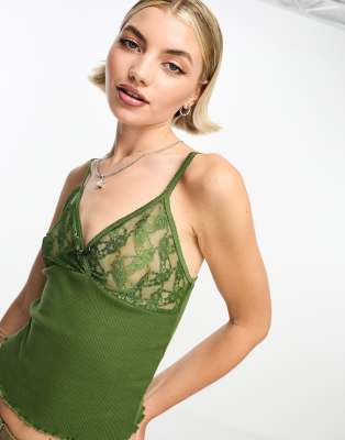 Reclaimed Vintage 90s Rib Lace Mix Cami In Khaki-no Color