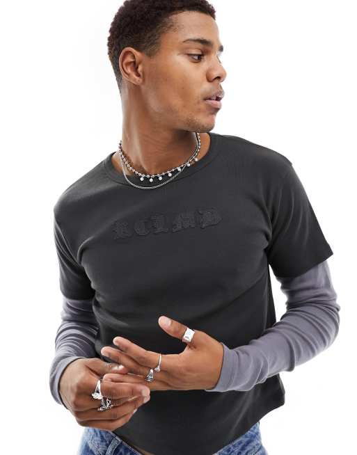 Distressed Black Jersey Layered Long Sleeve T-Shirt