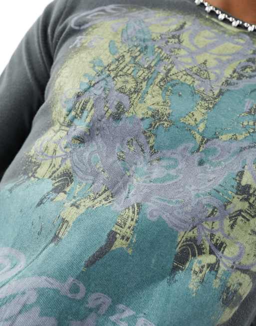 トップス stone  vintage long sleeve tee Women's Vintage Fairy Print Long Sleeve Crop Top Rhinestone