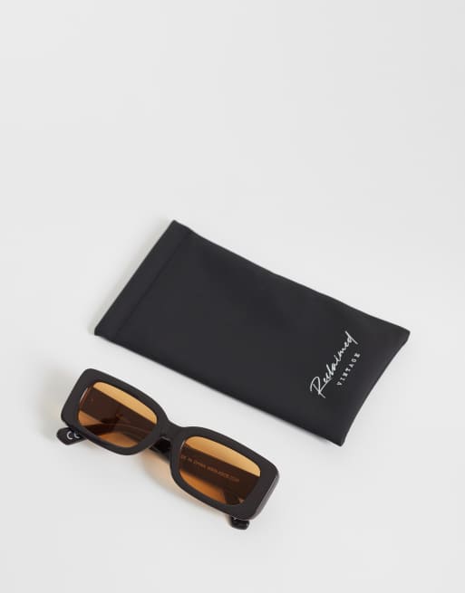 Reclaimed Vintage 90s slim square light tint sunglasses with amber lens in dark brown , 2 of 3