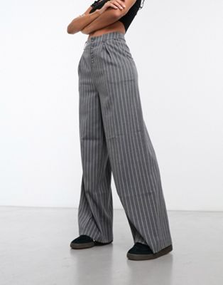 90s wide straight leg pants in gray and white pinstripe-Multi