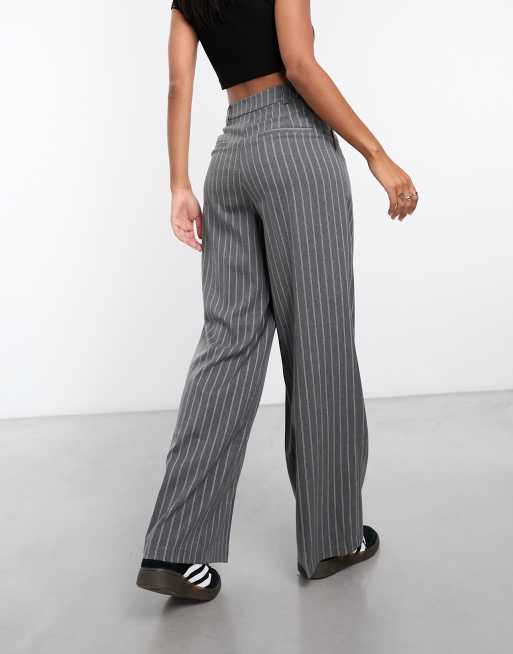 Bershka double waistband wide leg tailored pants in gray pinstripe