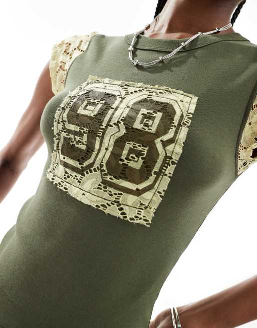 Reclaimed Vintage 98 lace cap sleeve baby tee in khaki, 2 of 4