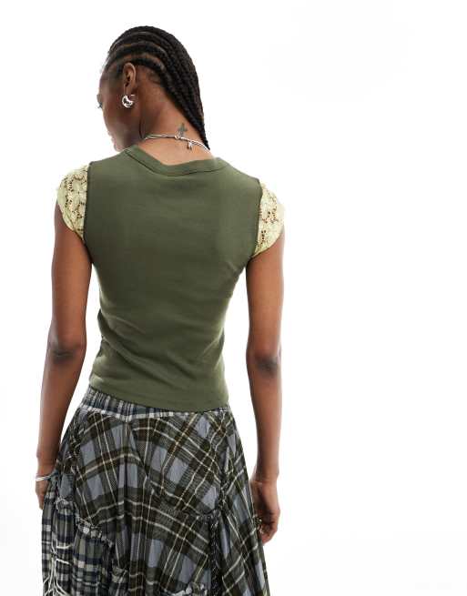 Reclaimed Vintage 98 lace cap sleeve baby tee in khaki, 4 of 4