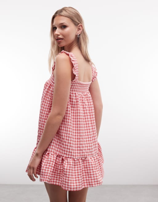 Reclaimed Vintage - Aangerimpelde mini-zonnejurk met gingham ruit in rood en wit, 4 van 4