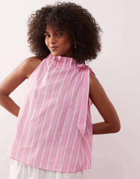 Reclaimed Vintage - Aangerimpelde top met gestrikte hals in roze gestreept - view 1