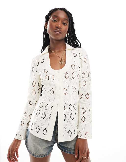 Reclaimed Vintage - Aansluitend western overhemd met broderie in gebroken wit