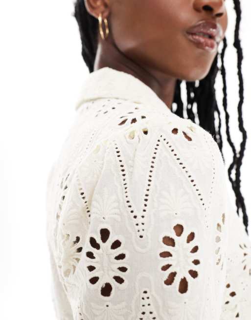 Reclaimed Vintage - Aansluitend western overhemd met broderie in gebroken wit, 3 van 4