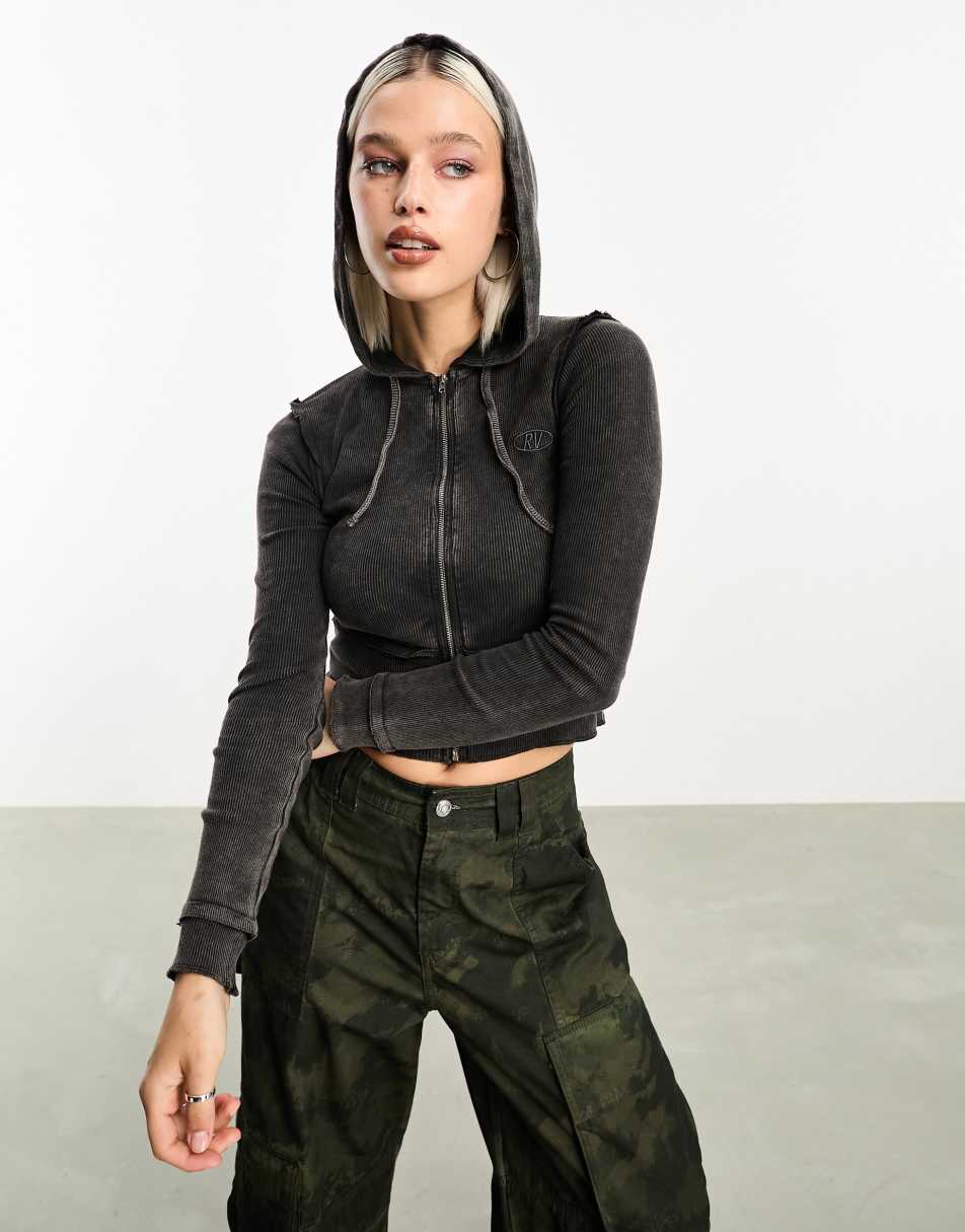 Reclaimed Vintage acid wash rib 90s hoodie in black