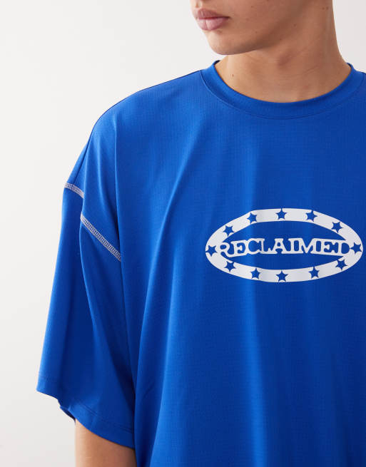 Reclaimed Vintage airtex boxy T-shirt with branded star graphic in cobalt blue