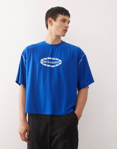 Reclaimed Vintage airtex boxy t-shirt with branded star graphic in cobalt blue