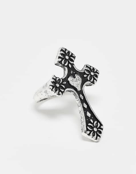 Reclaimed Vintage - Anello unisex argentato con croce e cuore - view 1