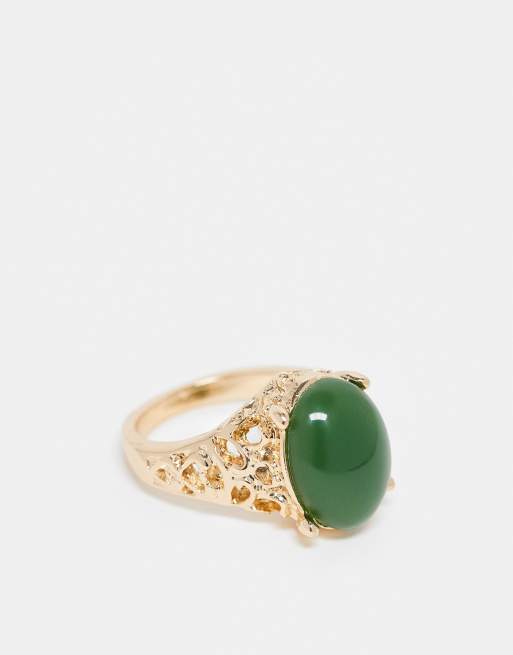 Reclaimed Vintage - Anello unisex dorato con pietra sintetica verde