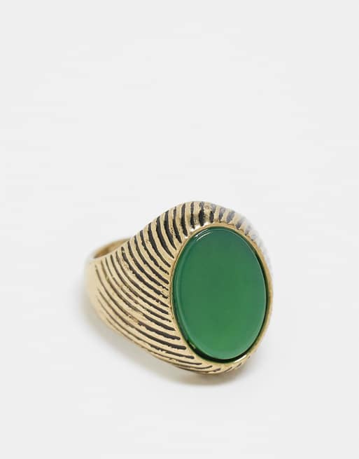 Reclaimed Vintage - Anello unisex effetto anticato color oro brunito con pietra verde