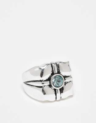 Reclaimed Vintage - Anello unisex squadrato color argento con pietra blu