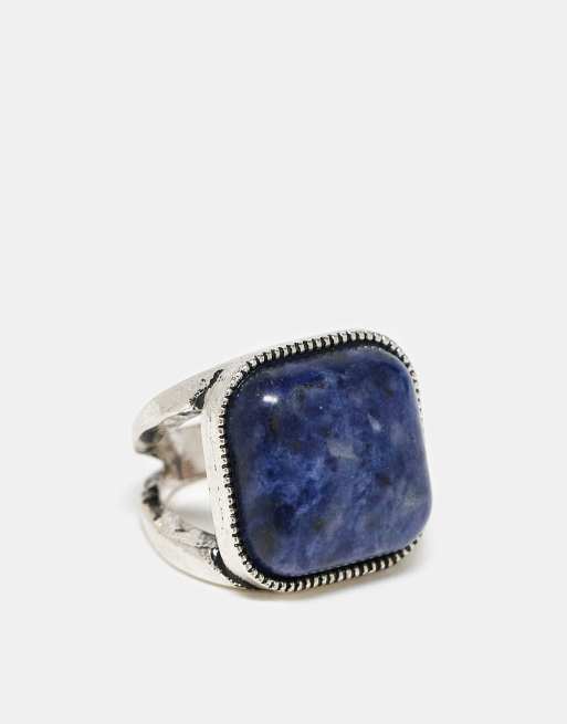 Reclaimed Vintage - Anello unisex squadrato e intagliato con pietra semipreziosa blu