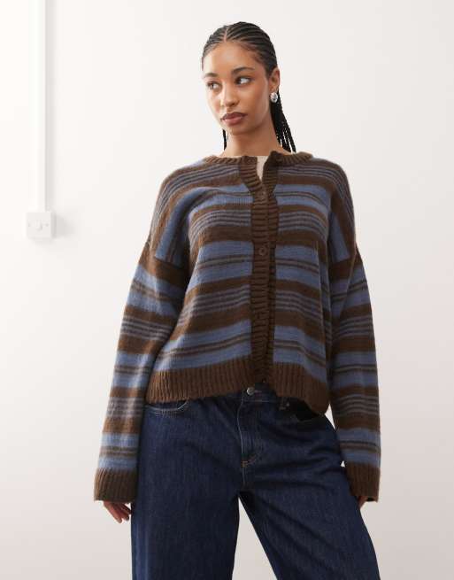 Reclaimed Vintage – Angeraute, gestreifte Strickjacke in Braun und Blau