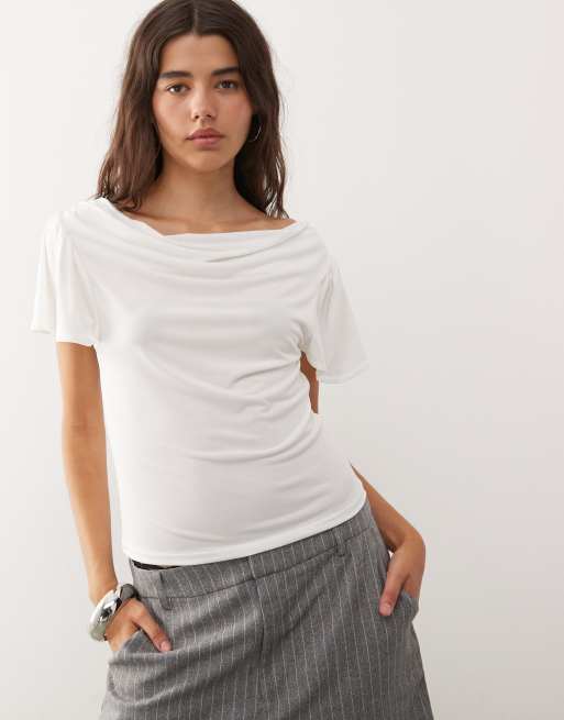 Reclaimed Vintage angle sleeve cowl neck t-shirt in white