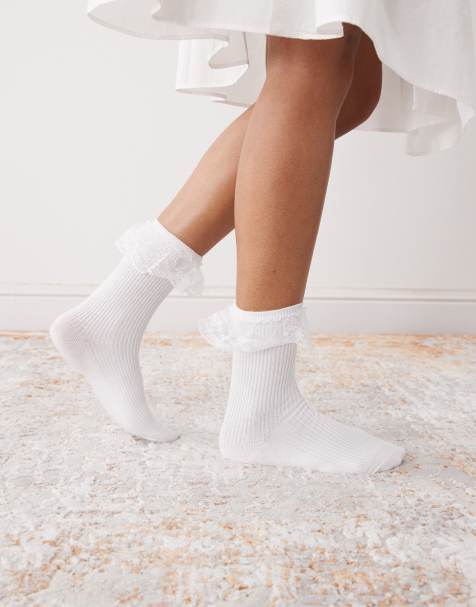 Reclaimed Vintage ankle length ribbed sock with with lace ruffle - view 1