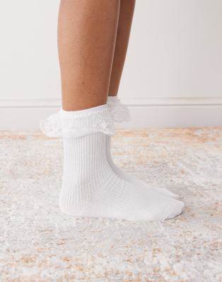 Reclaimed Vintage Ankle Length Ribbed Socks With With Lace Ruffle-white In White