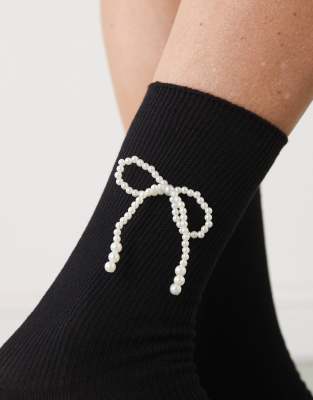 Reclaimed Vintage Ankle Sock With Pearl Bow In Black
