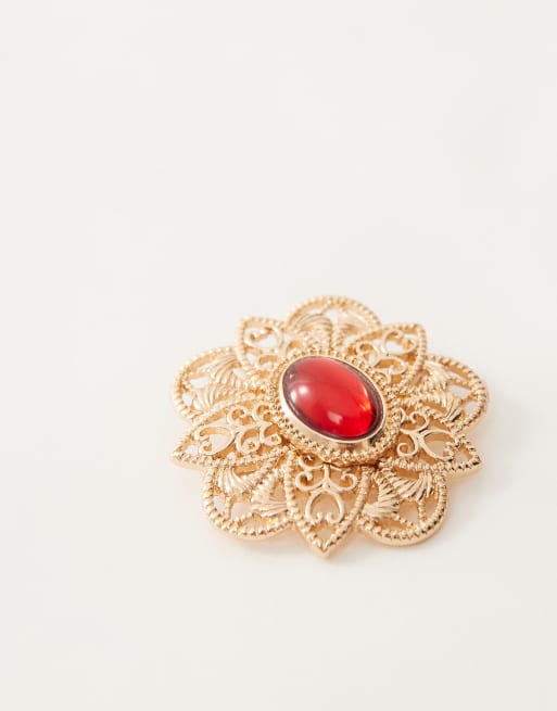 Reclaimed Vintage antique brooch with red stone in gold, 2 of 3