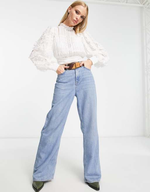 Reclaimed Vintage – Antique – Vit blus med blandad spets och volangärmar, 4 av 4