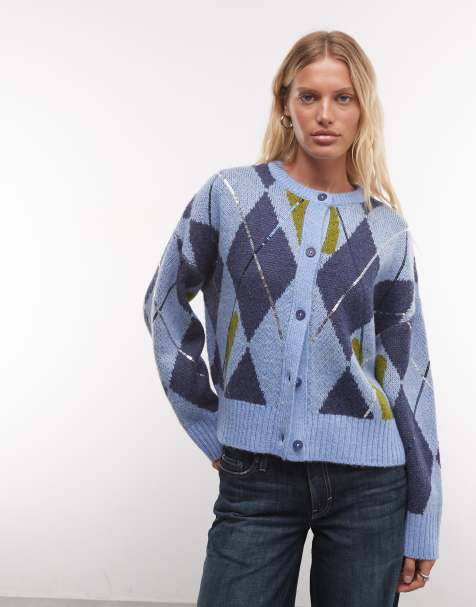 Reclaimed Vintage argyle cardigan med pailletter og boxy pasform i blå - view 1