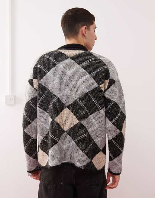 Reclaimed Vintage argyle collared zip through knitted jumper | ASOS