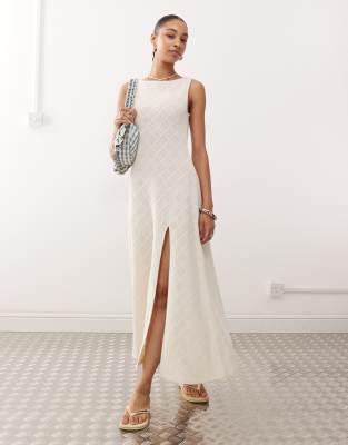 Reclaimed Vintage - Ärmelloses Maxikleid aus strukturiertem Jersey und Spitze in Creme mit U-Boot-Ausschnitt-Weiß