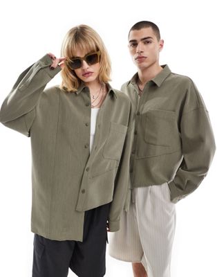 Reclaimed Vintage asym genderless shirt with seam detailing in olive green co-ord
