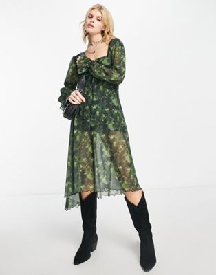 Reclaimed Vintage asymetric hem maxi dress with puff sleeve in green blurred floral print