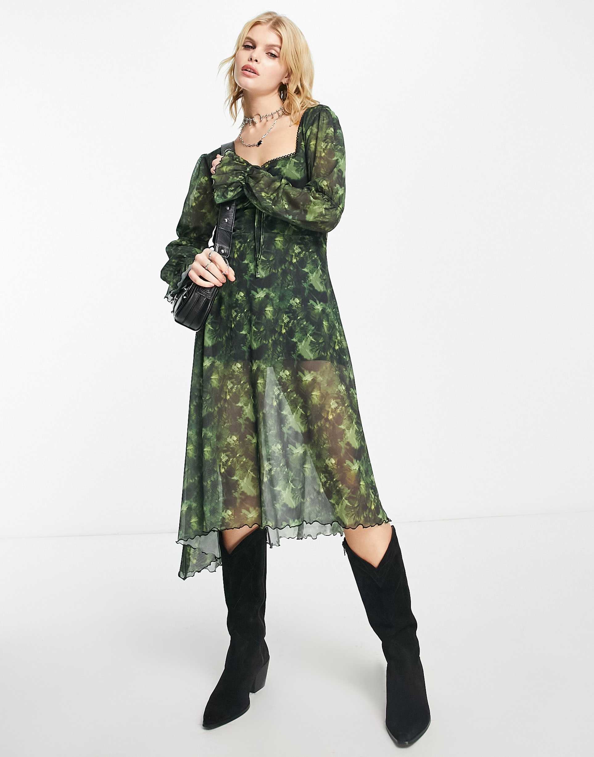 Reclaimed Vintage asymetric hem maxi dress with puff sleeve in green blurred floral print view 2