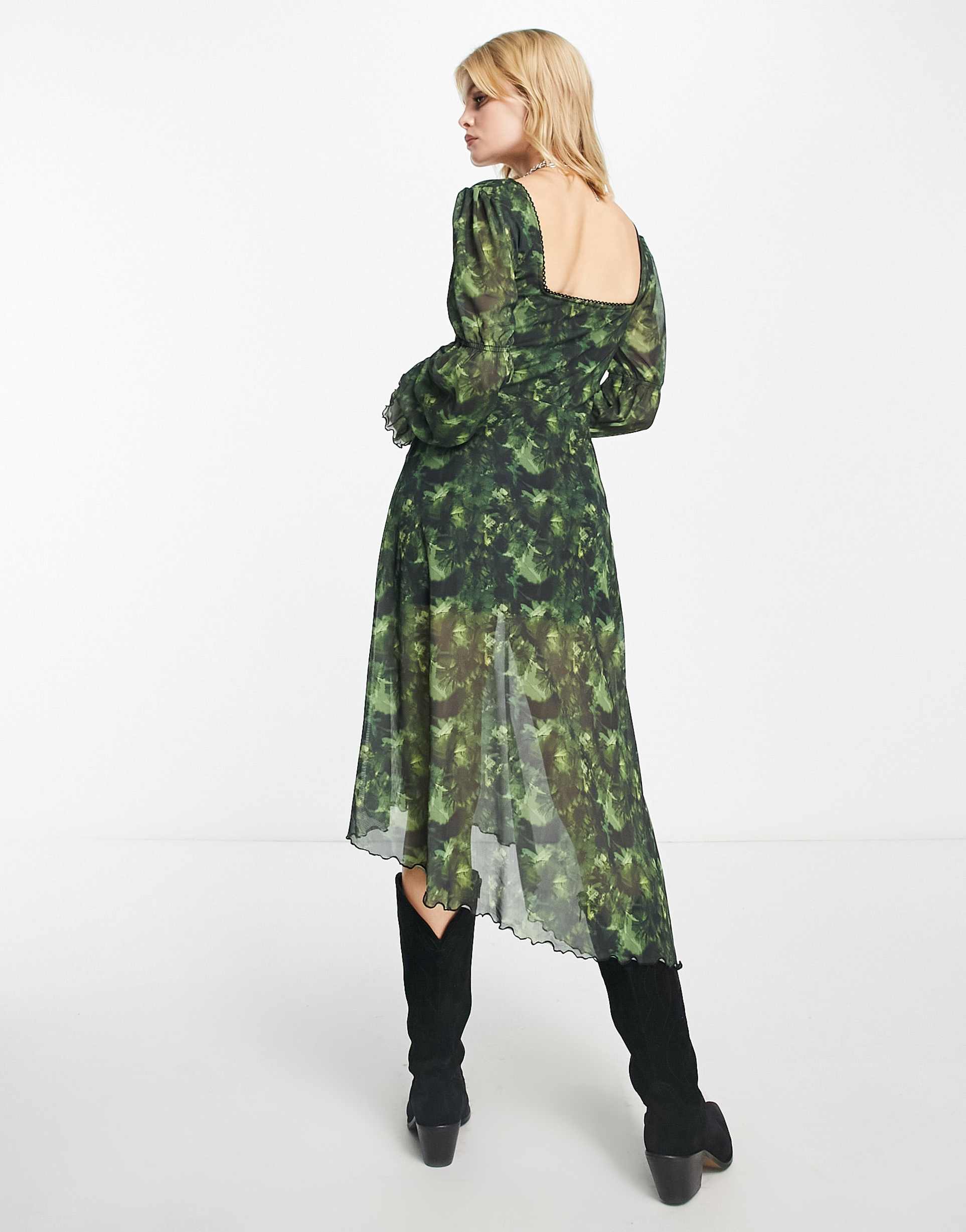 Reclaimed Vintage asymetric hem maxi dress with puff sleeve in green blurred floral print view 4