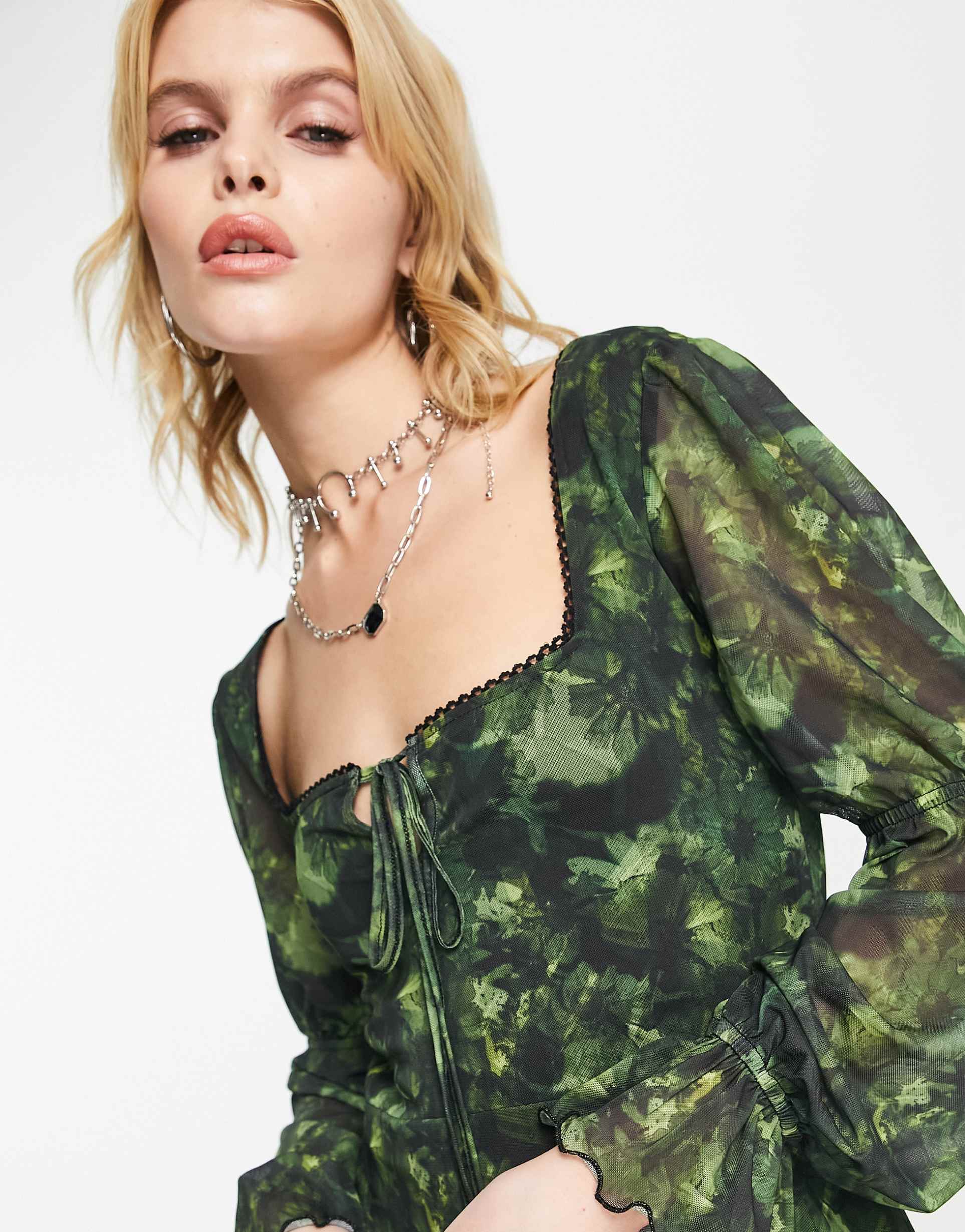 Reclaimed Vintage asymetric hem maxi dress with puff sleeve in green blurred floral print