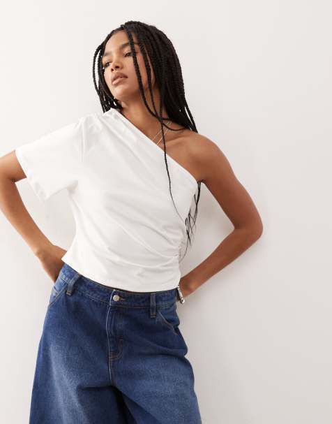 Reclaimed Vintage asymmetric one shoulder ruched detail top in ecru