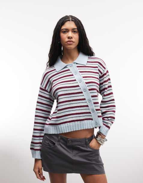 Reclaimed Vintage asymmetric cardi in pink blue stripe - view 1