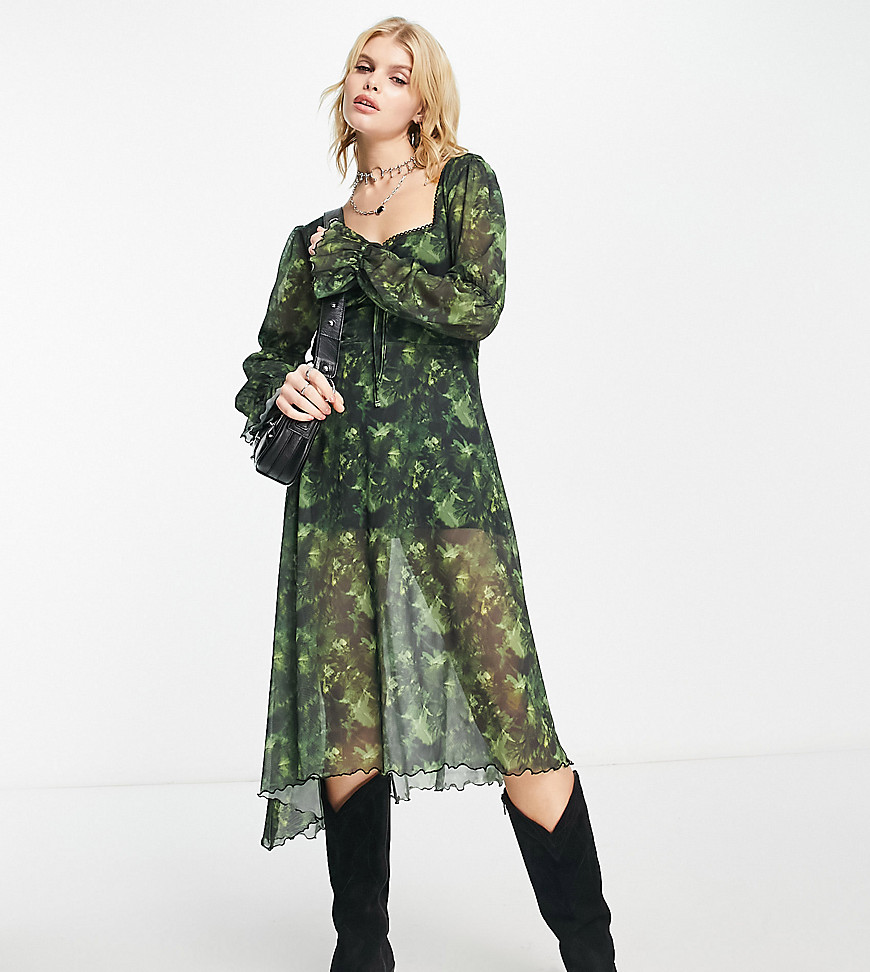 Reclaimed Vintage Asymmetric Hem Maxi Dress With Puff Sleeve In Green Blurred Floral Print-multi
