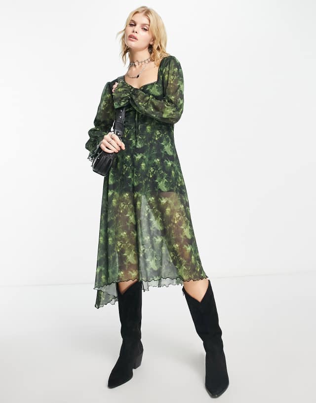 Reclaimed Vintage asymmetric hem maxi dress with puff sleeve in green blurred floral print
