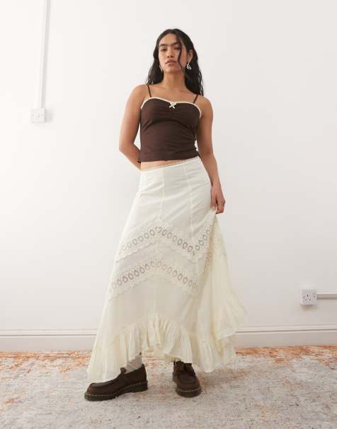 Reclaimed Vintage asymmetric hem midi skirt with lace trim in cream - view 1