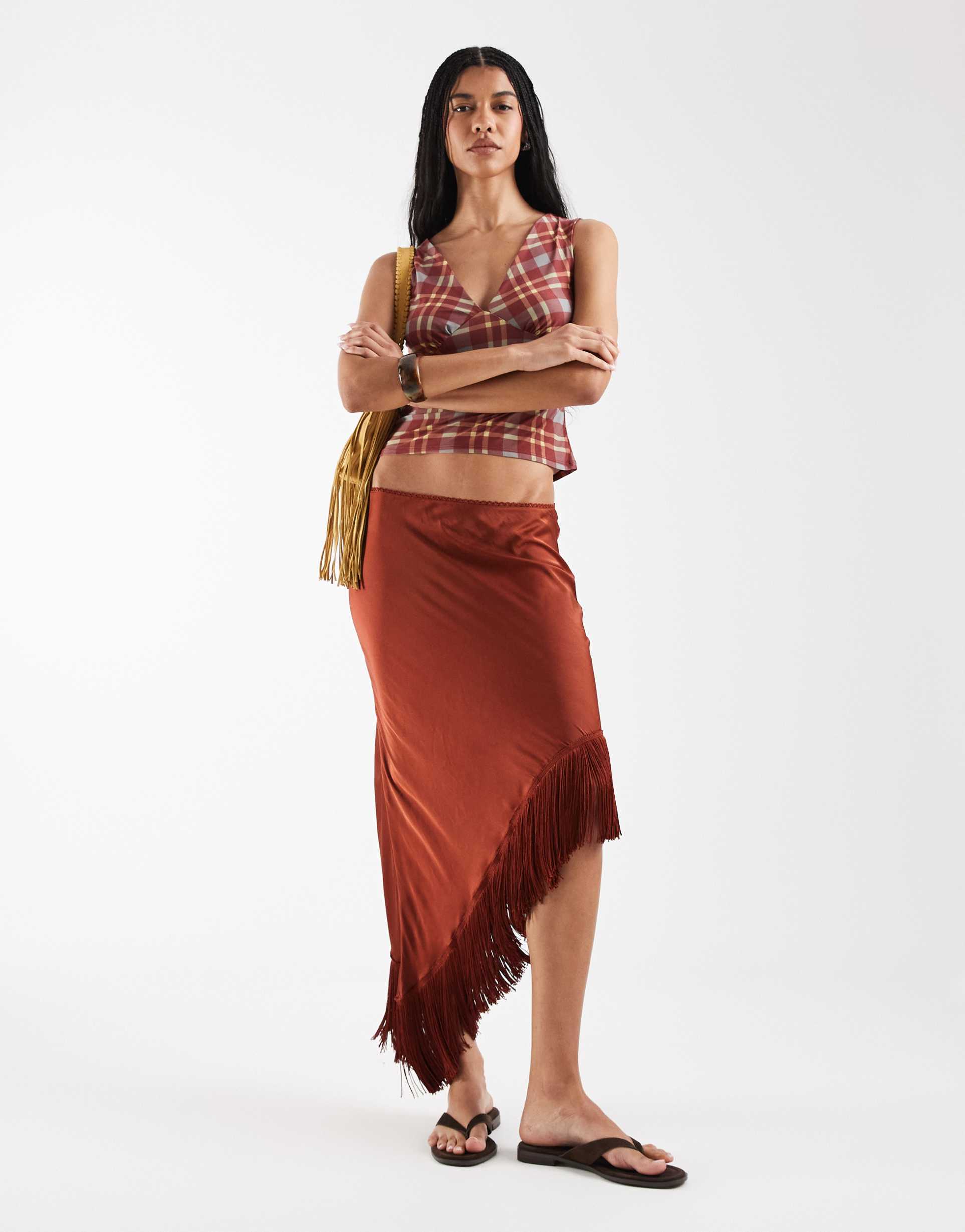 reclaimed vintage asymmetric hem midi skirt with tassels in rust red