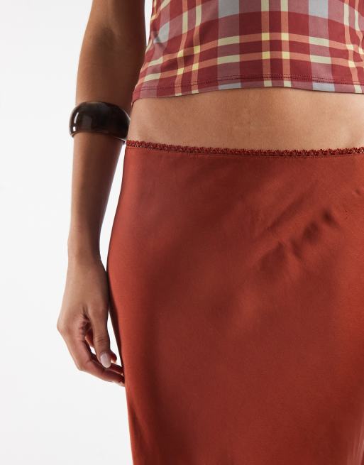 Reclaimed Vintage asymmetric hem midi skirt with tassels in rust red, 3 of 5