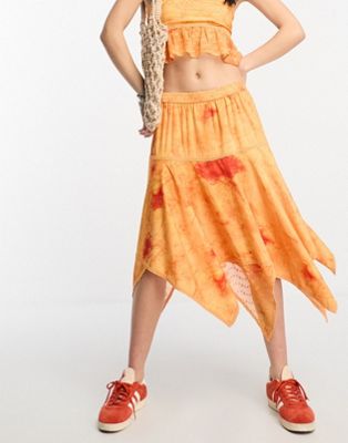 Reclaimed Vintage asymmetric midi skirt with lace and broderie detail in washed orange co ord-Multi
