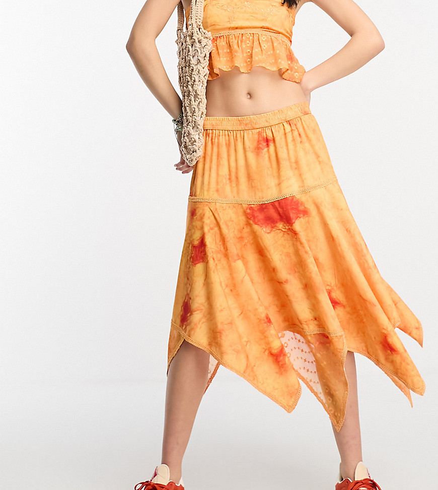 Reclaimed Vintage asymmetric midi skirt with lace and broderie detail in washed orange co ord-Multi