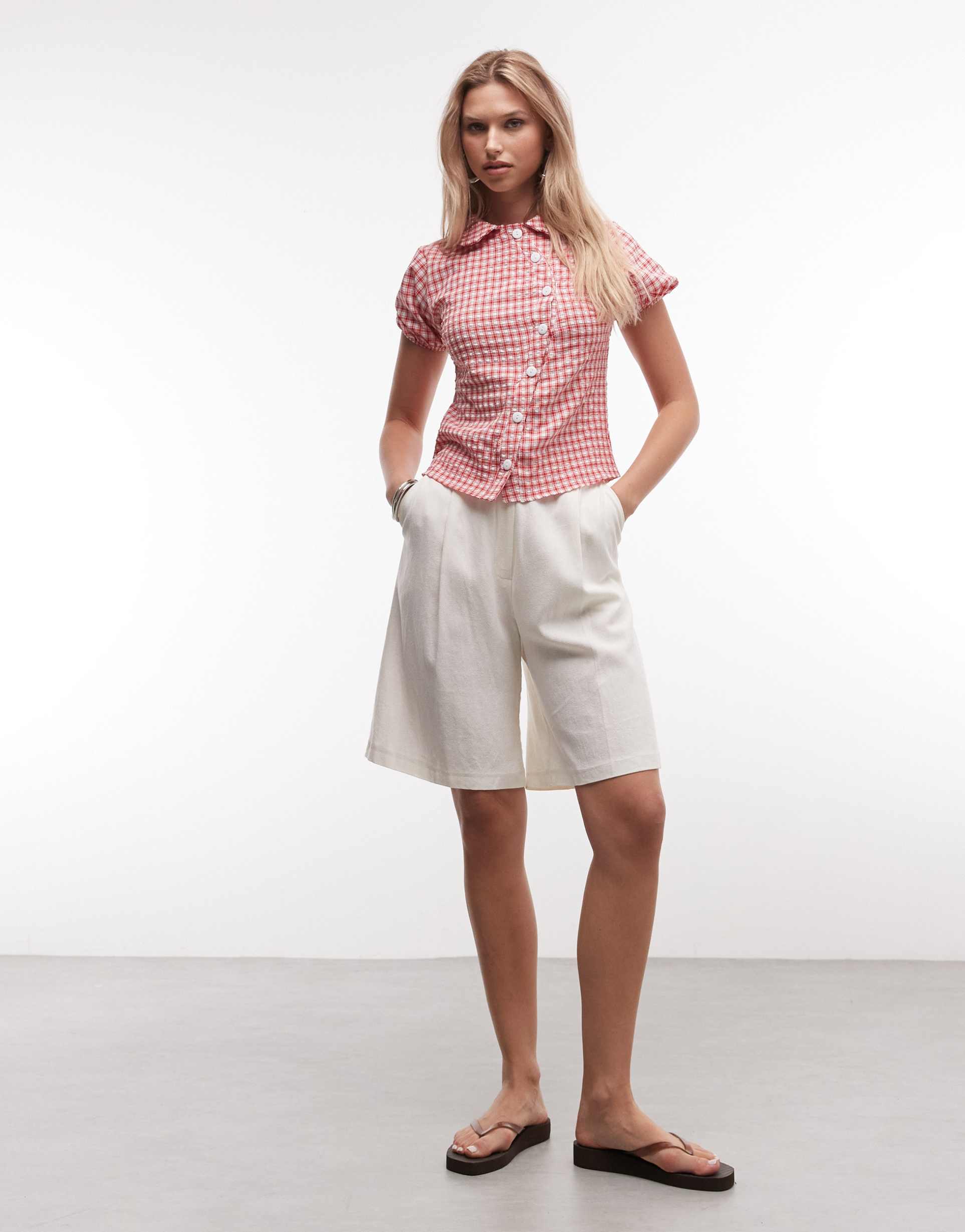 reclaimed vintage asymmetric placket fitted shirt in red and white plaid