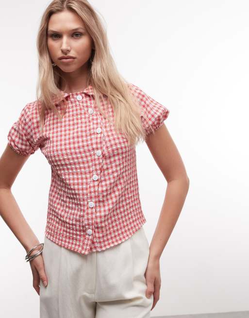 Reclaimed Vintage asymmetric placket fitted shirt in red and white plaid, 2 of 4