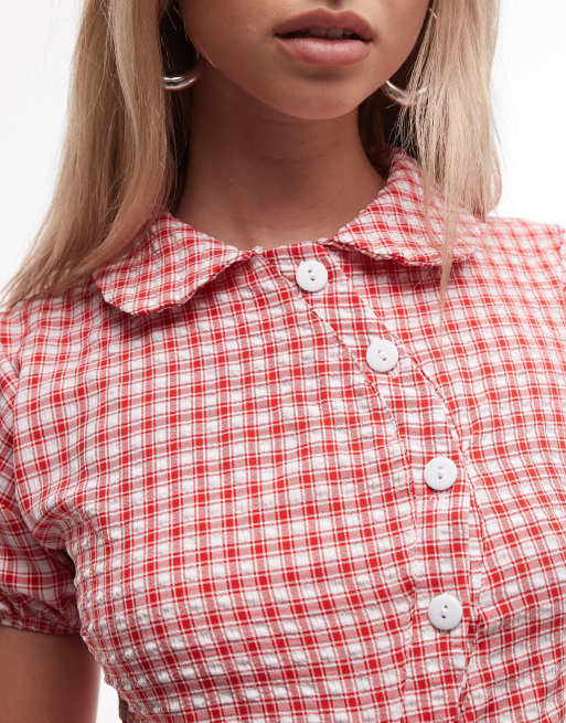 Reclaimed Vintage asymmetric placket fitted shirt in red and white plaid, 3 of 4